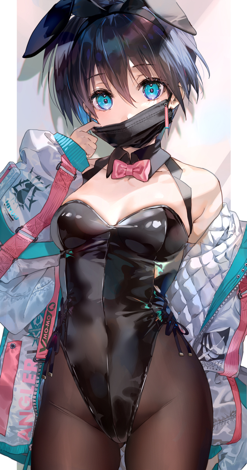 1girl animal_ears bare_shoulders black_hair black_legwear black_leotard blue_eyes bow breasts bunny_ears covered_mouth cowboy_shot detached_collar fake_animal_ears genderswap genderswap_(mtf) hair_between_eyes highres houshin_engi jacket leotard long_sleeves looking_at_viewer mask medium_breasts mimoza_(96mimo414) mouth_mask pantyhose pink_bow playboy_bunny shiny shiny_clothes short_hair solo taikoubou