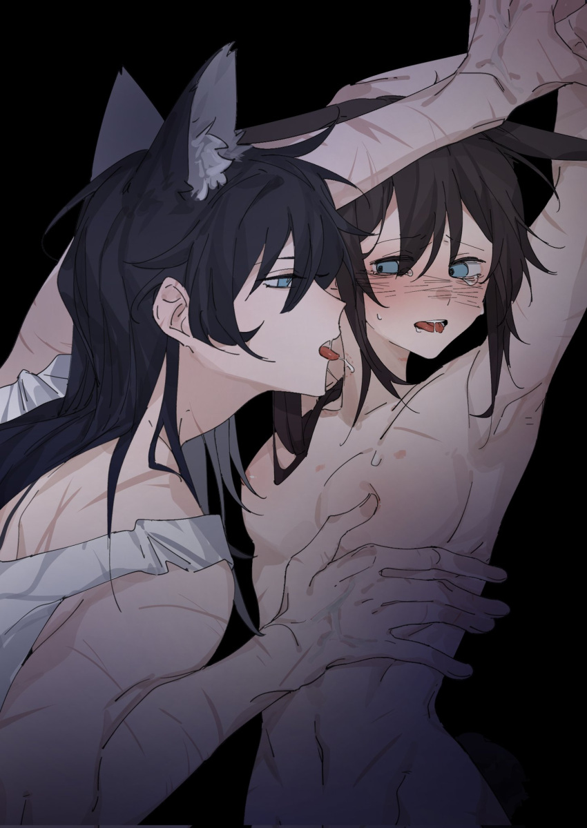 2girls amiya_(arknights) animal_ear_fluff animal_ears arknights bite_mark black_background black_hair blaze_(arknights) blue_eyes blush breasts cat_ears chinese_commentary commentary_request highres licking licking_another's_neck long_hair molu_stranger multiple_girls navel nipple_stimulation nipples nude pinned rabbit_ears saliva saliva_trail scar scar_on_arm scar_on_cheek scar_on_face simple_background small_breasts tank_top tearing_up tears tongue tongue_out upper_body white_tank_top yuri