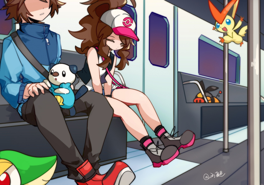 1boy 1girl :d absurdres baseball_cap black_pants blue_eyes blue_jacket boots brown_hair c6h14o0918 closed_eyes closed_mouth commentary faceless faceless_male grey_footwear hat high_ponytail highres hilbert_(pokemon) hilda_(pokemon) jacket lying on_stomach open_mouth oshawott pants pink_bag poke_ball_print pokemon pokemon_(creature) pokemon_bw print_headwear red_eyes red_footwear shoes signature sleeping smile smug snivy starter_pokemon_trio tepig train_interior victini white_hat