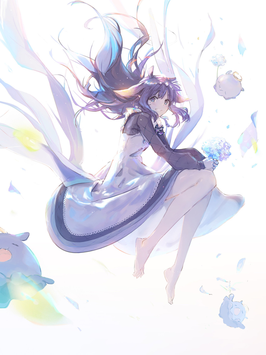 1girl alternate_costume bare_legs barefoot black_dress blue_eyes bouquet dress feet floating floating_hair from_side full_body gloves grin hashtag-only_commentary highres holding holding_bouquet hololive hololive_english legs light_blush long_sleeves looking_at_viewer mole mole_under_eye neck_ribbon ninomae_ina'nis pinafore_dress puffy_long_sleeves puffy_sleeves purple_hair purple_ribbon ribbon sleeveless sleeveless_dress smile solo takodachi_(ninomae_ina'nis) tallgeese_(lgeesel) tentacle_hair toes two-tone_dress virtual_youtuber white_dress white_gloves