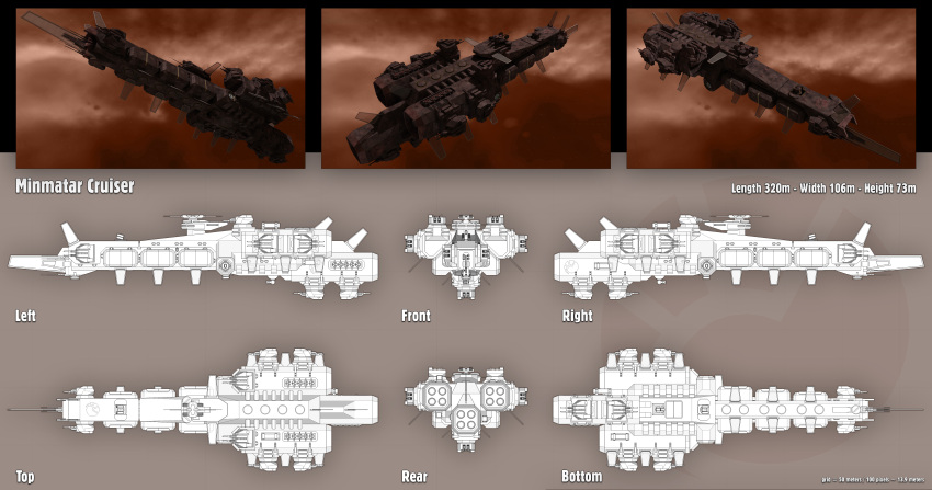 3d absurdres brown_background brown_theme cannon commentary concept_art cruiser_(eve_online) emblem eve_online from_side highres military_vehicle minmatar_republic_(eve_online) missile_pod multiple_views nebula no_humans original outdoors reference_sheet science_fiction space spacecraft spinner-vision thrusters turret vehicle_focus