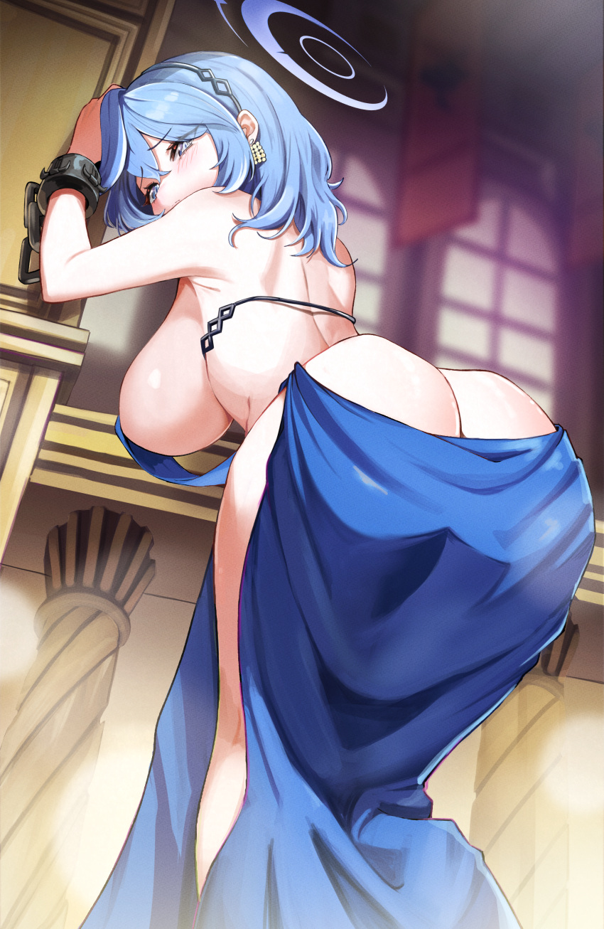 1girl absurdres ako_(blue_archive) ako_(dress)_(blue_archive) ass back backless_dress backless_outfit bare_back bare_shoulders blue_archive blue_dress blue_eyes blue_hair blue_halo breasts cuffs dress earrings hair_between_eyes hairband halo highres hungry0126 indoors jewelry large_breasts leaning_forward long_hair looking_at_viewer no_panties official_alternate_costume plunging_neckline revealing_clothes shackles side_slit sideless_dress single_handcuff sleeveless solo