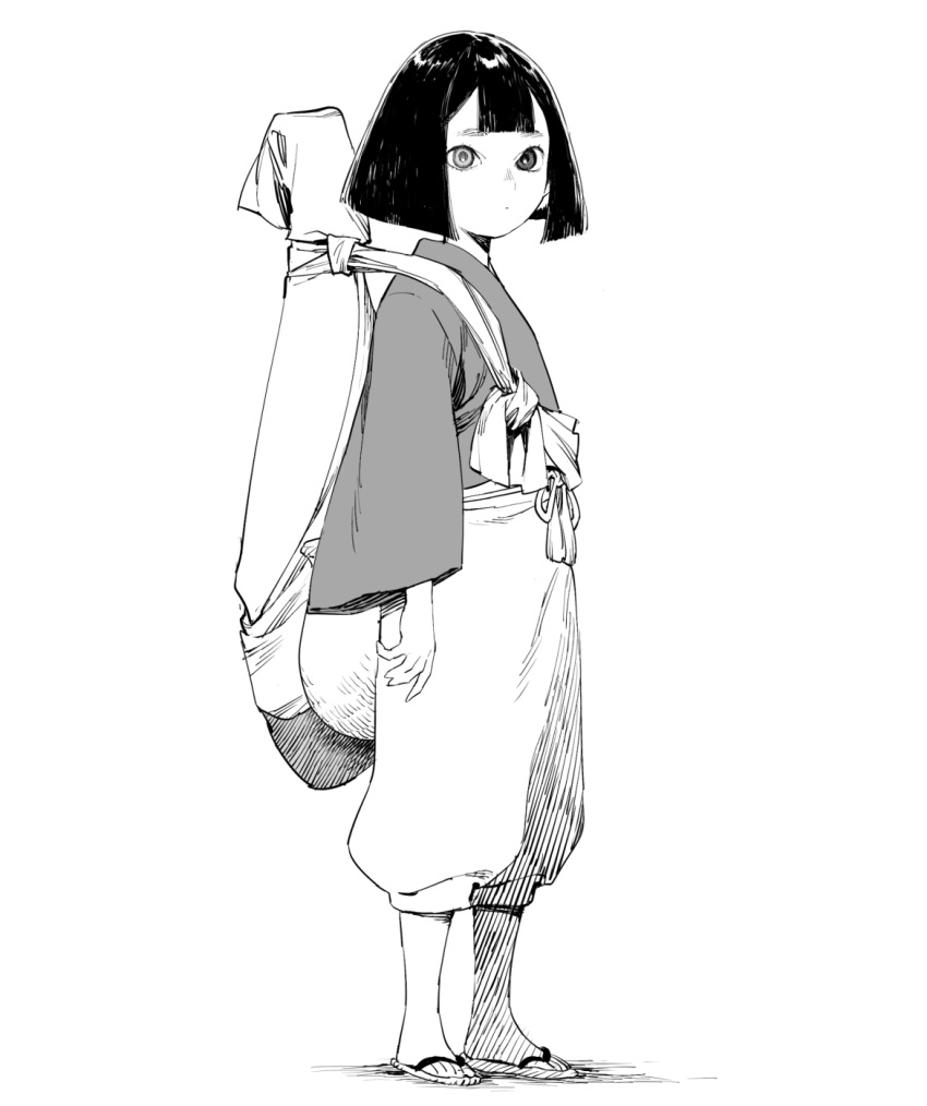 1girl biwa_(heike_monogatari) bob_cut child from_side greyscale heike_monogatari heterochromia highres instrument instrument_on_back japanese_clothes long_sleeves looking_at_viewer looking_to_the_side monochrome pants sandals simple_background solo standing takuan_(takuanlunch) wide_sleeves zouri