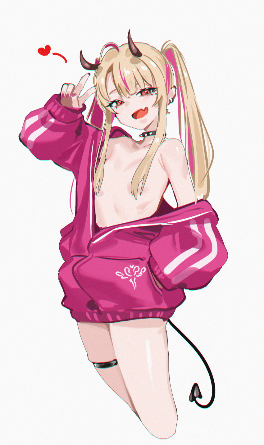 1girl absurdres ahoge bare_shoulders blonde_hair breasts demon_girl demon_horns demon_tail fang hair_over_breasts heart highres horns jacket looking_at_viewer multicolored_hair naked_jacket open_clothes open_jacket open_mouth original pink_hair pink_jacket pink_nails red_eyes sketch skindentation small_breasts smile solo starcat streaked_hair studded_choker tail thigh_strap twintails two-tone_hair v