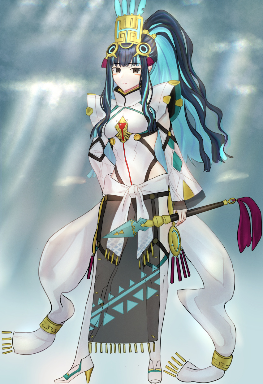 1girl absurdres black_hair blue_hair colored_inner_hair fate/grand_order fate_(series) grey_eyes hair_ornament headdress high_ponytail highres holding holding_weapon jewelry long_hair looking_at_viewer multicolored_hair ponytail smile solo standing tenochtitlan_(fate) tenochtitlan_(third_ascension)_(fate) two-tone_hair uriuriyukitti weapon