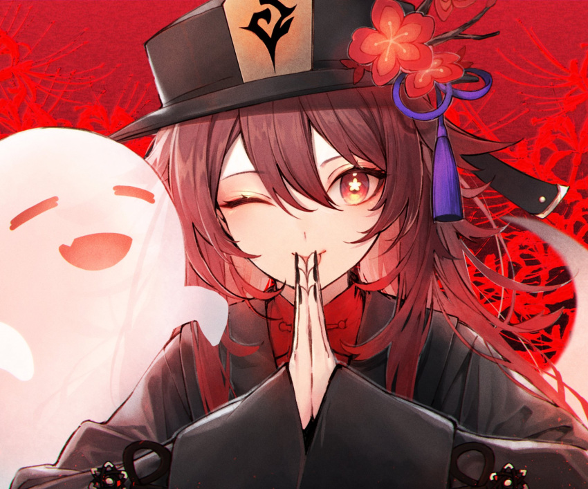 1girl ;) ;p bangs black_headwear black_shirt brown_hair chinese_clothes commentary fang flower flower-shaped_pupils genshin_impact ghost hair_between_eyes hat hat_flower highres hu_tao kuwashima_rein long_hair long_sleeves looking_at_viewer one_eye_closed own_hands_together red_eyes shirt smile solo symbol_commentary tassel tongue tongue_out upper_body