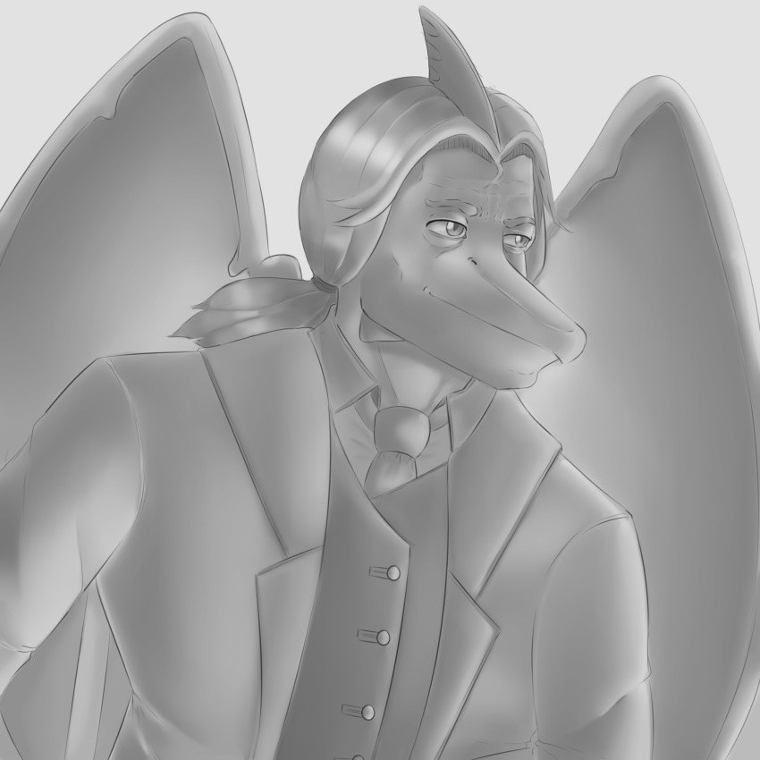 1:1 2024 anthro badfidhell black_and_white business_suit cavemanon_studios chad_(meme) clothing dinosaur gigachad head_crest hi_res i_wani_hug_that_gator iadakan male meme monochrome necktie pterodactylus pterosaur reptile scalie sketch smile snout solo suit wings