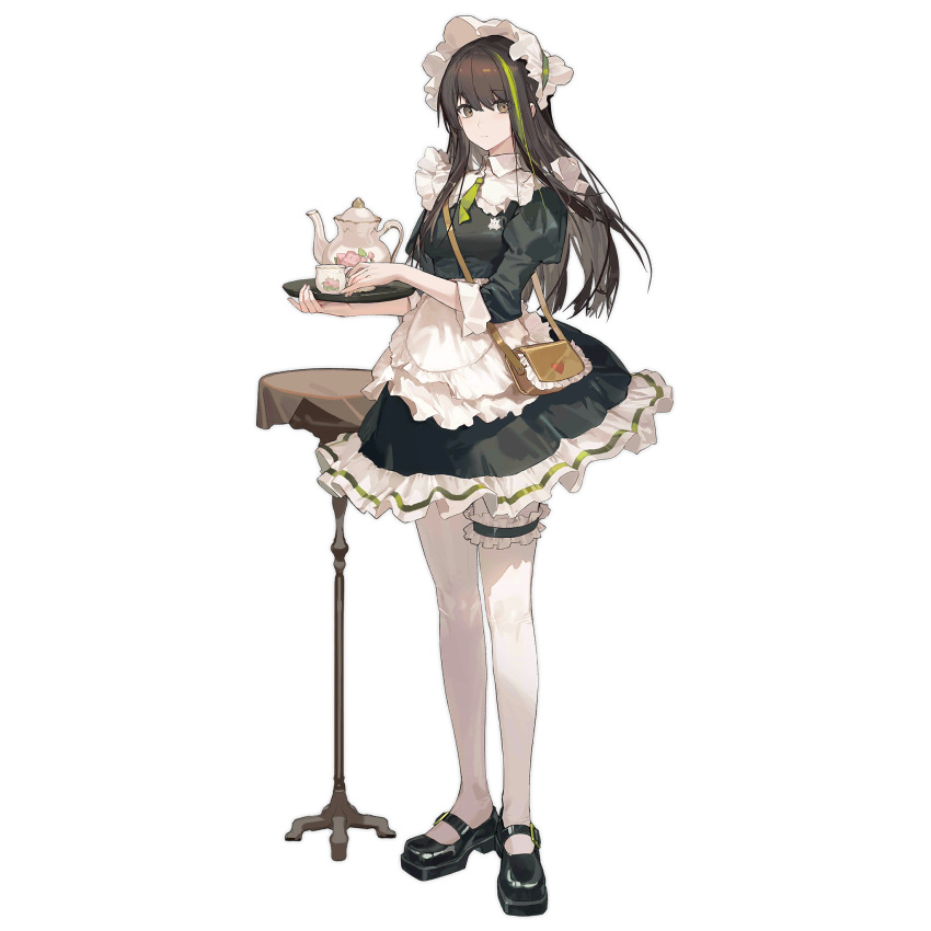 1girl apron bag black_dress black_footwear bonnet bridal_garter brown_bag brown_eyes brown_hair closed_mouth cup dress full_body girls'_frontline green_hair green_necktie hair_between_eyes handbag highres holding holding_cup holding_tray long_hair looking_at_viewer m4a1_(fluffy_fruit_tea)_(girls'_frontline) m4a1_(girls'_frontline) maid maid_apron mary_janes multicolored_hair necktie official_alternate_costume official_art pantyhose puffy_sleeves shoes short_necktie simple_background smile solo standing streaked_hair table teacup teapot third-party_source transparent_background tray umo_(mica_team) white_apron white_pantyhose