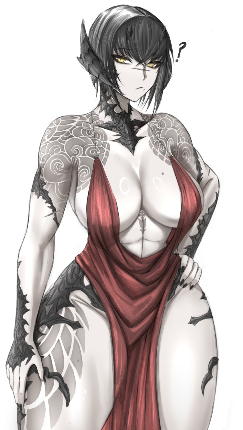 1girl :/ ? abs absurdres arm_at_side arm_tattoo au_ra black_hair black_horns black_nails black_scales breasts closed_mouth cluhob colored_skin crossed_bangs curvy dress final_fantasy final_fantasy_xiv fingernails grey_skin hair_between_eyes hand_on_own_hip highres horns large_breasts leg_tattoo looking_at_viewer mole mole_under_mouth red_dress revealing_clothes scales scar scar_on_face scar_on_nose short_hair shoulder_tattoo simple_background slit_pupils solo stomach tattoo toned warrior_of_light_(ff14) yellow_eyes