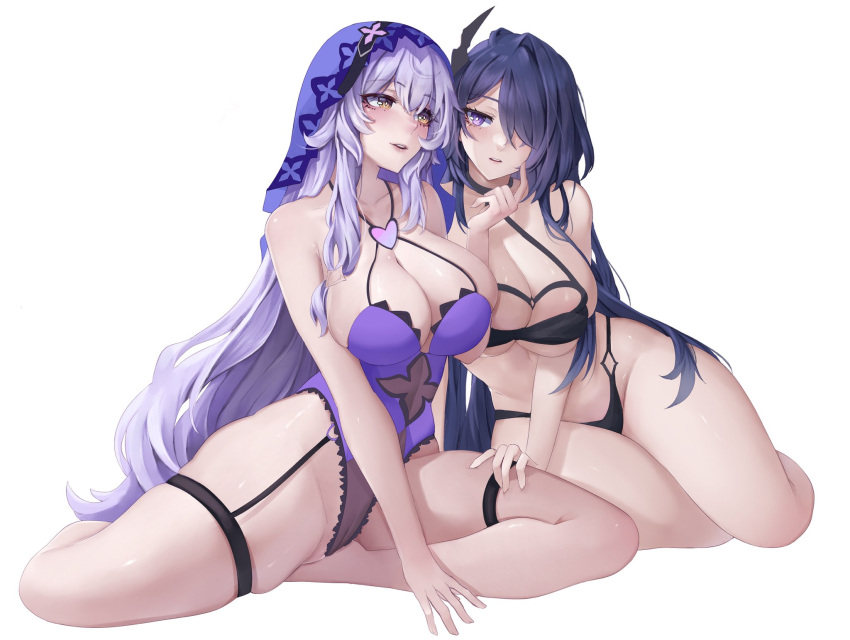 acheron_(honkai:_star_rail) black_bra black_panties black_swan_(honkai:_star_rail) bra breasts cleavage garter_belt hair_over_one_eye highres honkai:_star_rail honkai_(series) lace lace_trim large_breasts lenciine lingerie long_hair midriff multicolored_hair navel negligee panties purple_eyes purple_hair purple_veil stomach streaked_hair underwear underwear_only very_long_hair yuri