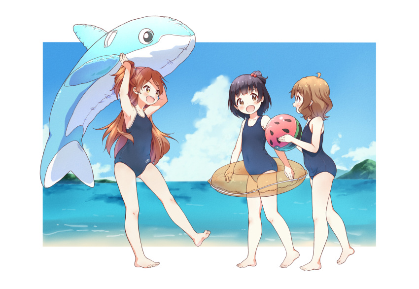 3girls arms_up ball bangs barefoot beach beachball black_hair black_swimsuit blue_sky blurry blurry_background brown_eyes brown_hair cloud cloudy_sky covered_navel day depth_of_field english_commentary eyebrows_visible_through_hair hair_bobbles hair_ornament holding holding_ball holding_innertube horizon idolmaster idolmaster_million_live! inflatable_orca inflatable_toy innertube looking_at_another looking_back multiple_girls nakatani_iku ocean one-piece_swimsuit one_side_up oogami_tamaki open_mouth outdoors outside_border short_hair sky smile standing standing_on_one_leg suou_momoko swimsuit toma_(shinozaki) watermelon_beachball