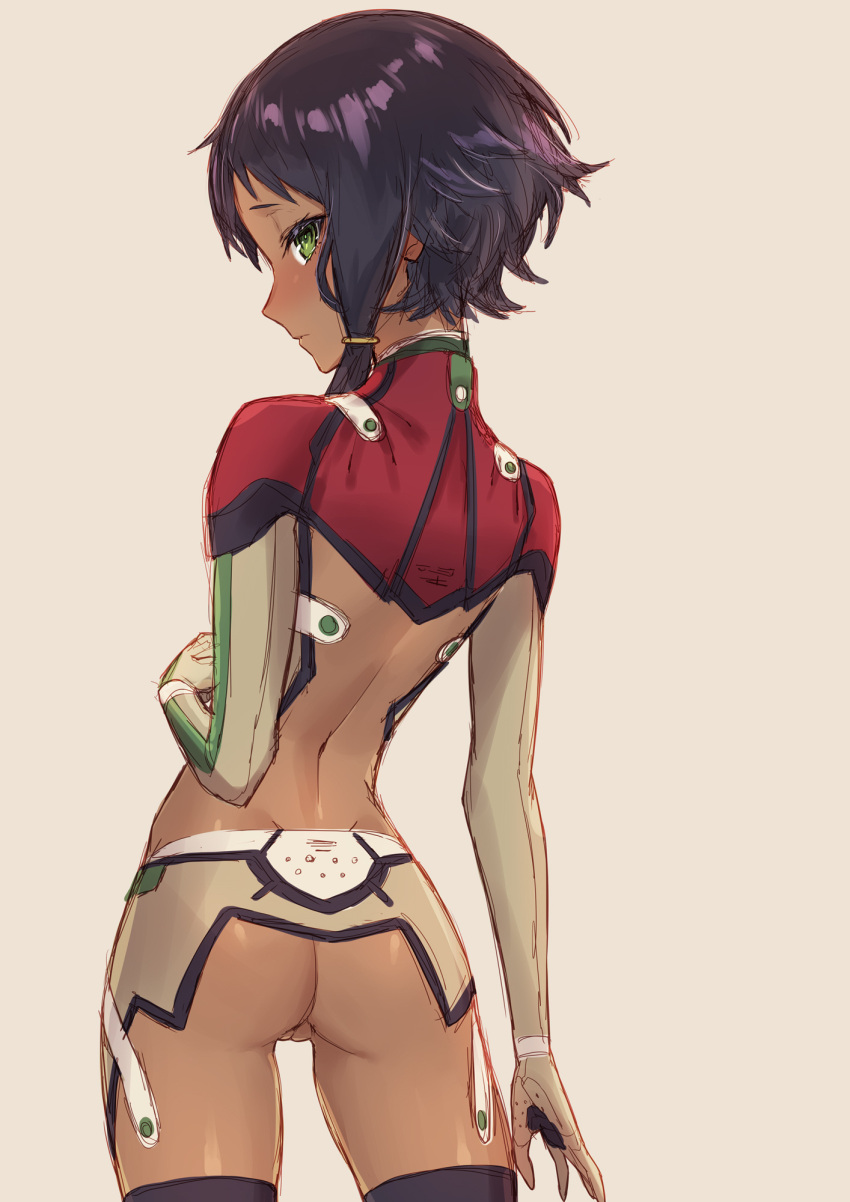 1girl alice_gear_aegis ass back black_hair braid breasts dark-skinned_female dark_skin from_behind green_eyes highres looking_at_viewer looking_back revealing_clothes shanti_rana short_hair side_braid sigm@ skin_tight small_breasts solo