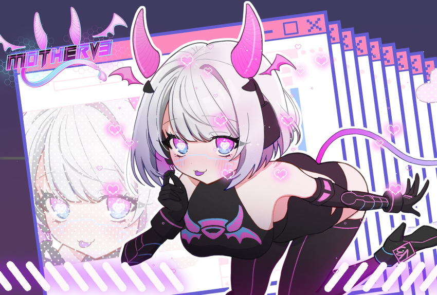 1girl aqua_eyes black_bodysuit bob_cut bodysuit breasts cpo12234412 detached_horns gradient_hair gradient_horns hair_intakes headphones high_heels highres hip_vent holographic_horns horns indie_virtual_youtuber looking_at_viewer mechanical_arms medium_breasts medium_hair motherv3 multicolored_eyes multicolored_hair multicolored_horns neon_trim pink_horns purple_eyes purple_horns solo tail tail_through_clothes tongue tongue_out two-tone_eyes virtual_youtuber