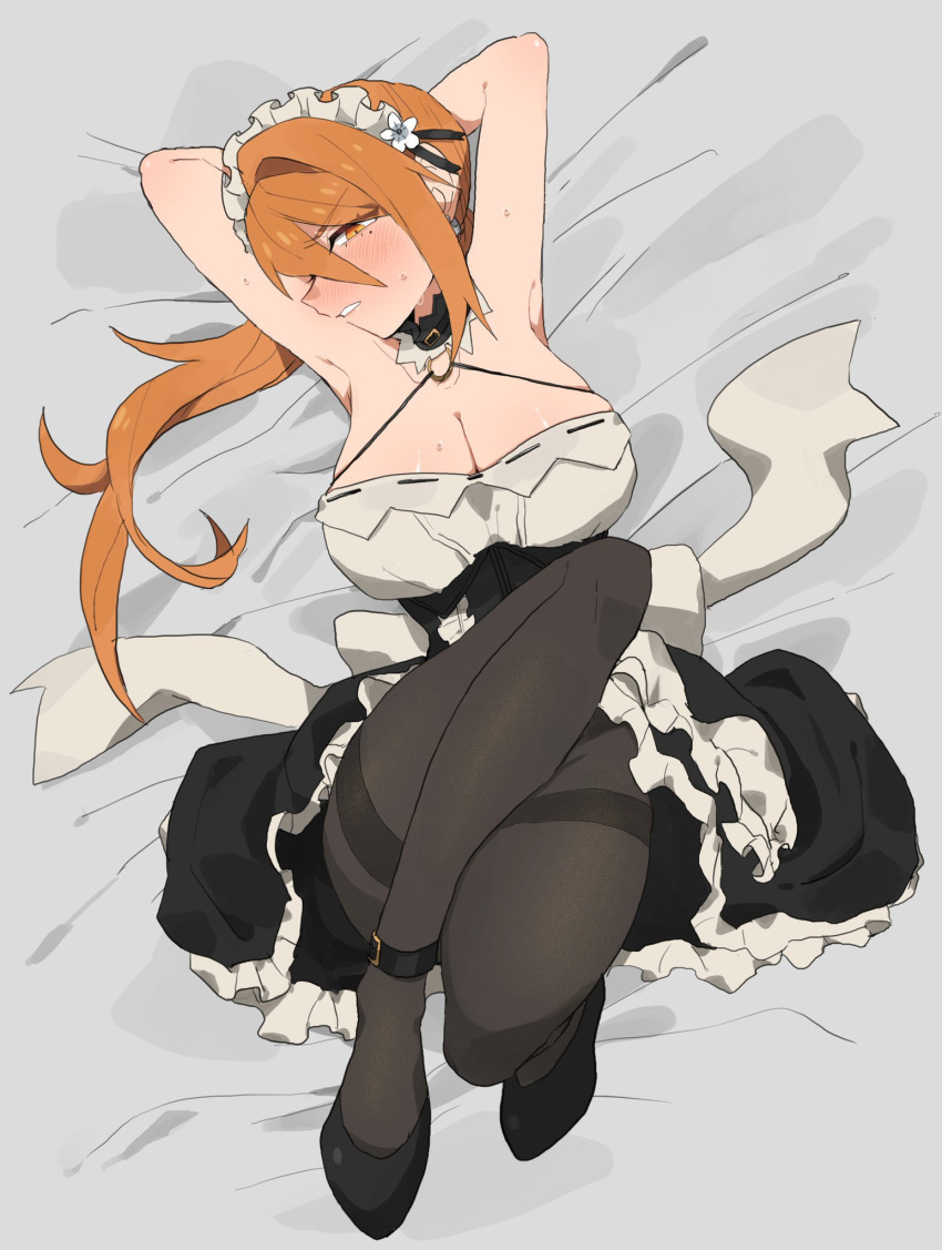 1girl armpits arms_behind_head arms_up bed_sheet black_dress black_footwear black_pantyhose blush breasts cleavage dress flower frills hair_between_eyes highres ikachan_pochan long_hair looking_at_viewer lying maid_headdress mole mole_under_eye nose_blush on_back orange_hair original pantyhose ponytail shoes sleeveless sleeveless_dress solo sweat thighband_pantyhose white_flower