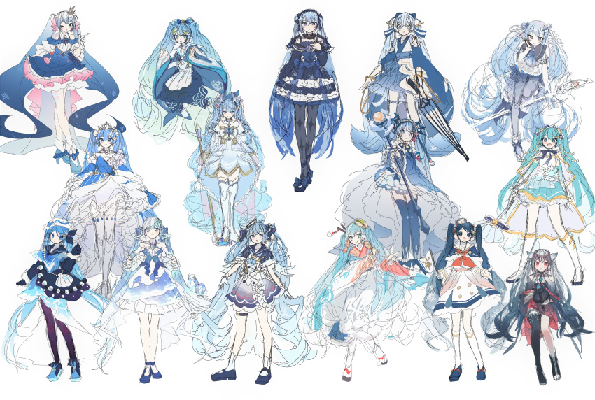 6+girls absurdres animal_ears annotated aqua_hair bare_shoulders black_legwear blue_collar blue_dress blue_eyes blue_flower blue_footwear blue_hair blue_legwear blue_neckwear borrowed_design bow cape clam_shell collar collared_dress crossed_legs crystal dress dress_flower expressionless flag flower food food_themed_hair_ornament footwear_bow frilled_dress frills full_body gloves gradient_hair hair_ornament hair_stick hand_on_own_chest harp hat hatsune_miku headdress high_heels highres holding holding_flag holding_instrument holding_scepter holding_spoon holding_umbrella index_finger_raised instrument japanese_clothes jumping kneehighs krlouvf layered_dress leaning_forward leg_up light_blue_eyes long_hair looking_at_viewer multicolored_hair multiple_girls multiple_persona neckerchief one_eye_closed open_mouth red_eyes rice_spoon sailor_collar sailor_hat scepter single_thighhigh skirt_hold smile snowflake_ornament snowflake_print spoon staff standing thighhighs tiara tongue tongue_out twintails umbrella very_long_hair vocaloid white_background white_footwear white_gloves white_hair white_headwear white_legwear white_neckwear wide_sleeves yuki_miku