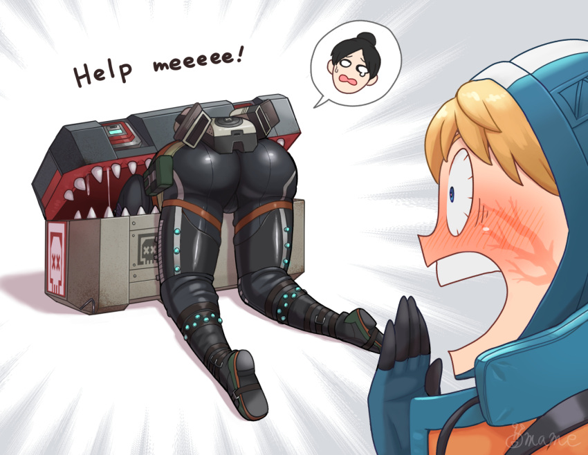 2girls animification apex_legends ass black_bodysuit black_footwear black_hair blonde_hair blue_eyes blue_gloves blush bodysuit boots death_box_(apex_legends) emphasis_lines english_text frieren_stuck_in_a_mimic_(meme) gloves hair_bun jacket meme mimic mimic_chest multiple_girls mutturi_mamer18 open_hand open_mouth orange_jacket saliva scared sharp_teeth single_hair_bun sousou_no_frieren surprised teeth twitter_username wattson_(apex_legends) wide-eyed wraith_(apex_legends)