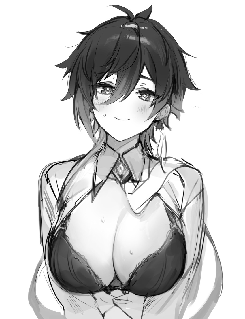 1girl absurdres blush bra breasts cleavage collared_shirt earrings genderswap genderswap_(mtf) genshin_impact greyscale hair_between_eyes highres jewelry large_breasts looking_at_viewer monochrome mup534 necktie open_clothes shirt simple_background single_earring sketch smile solo underwear upper_body zhongli_(genshin_impact)