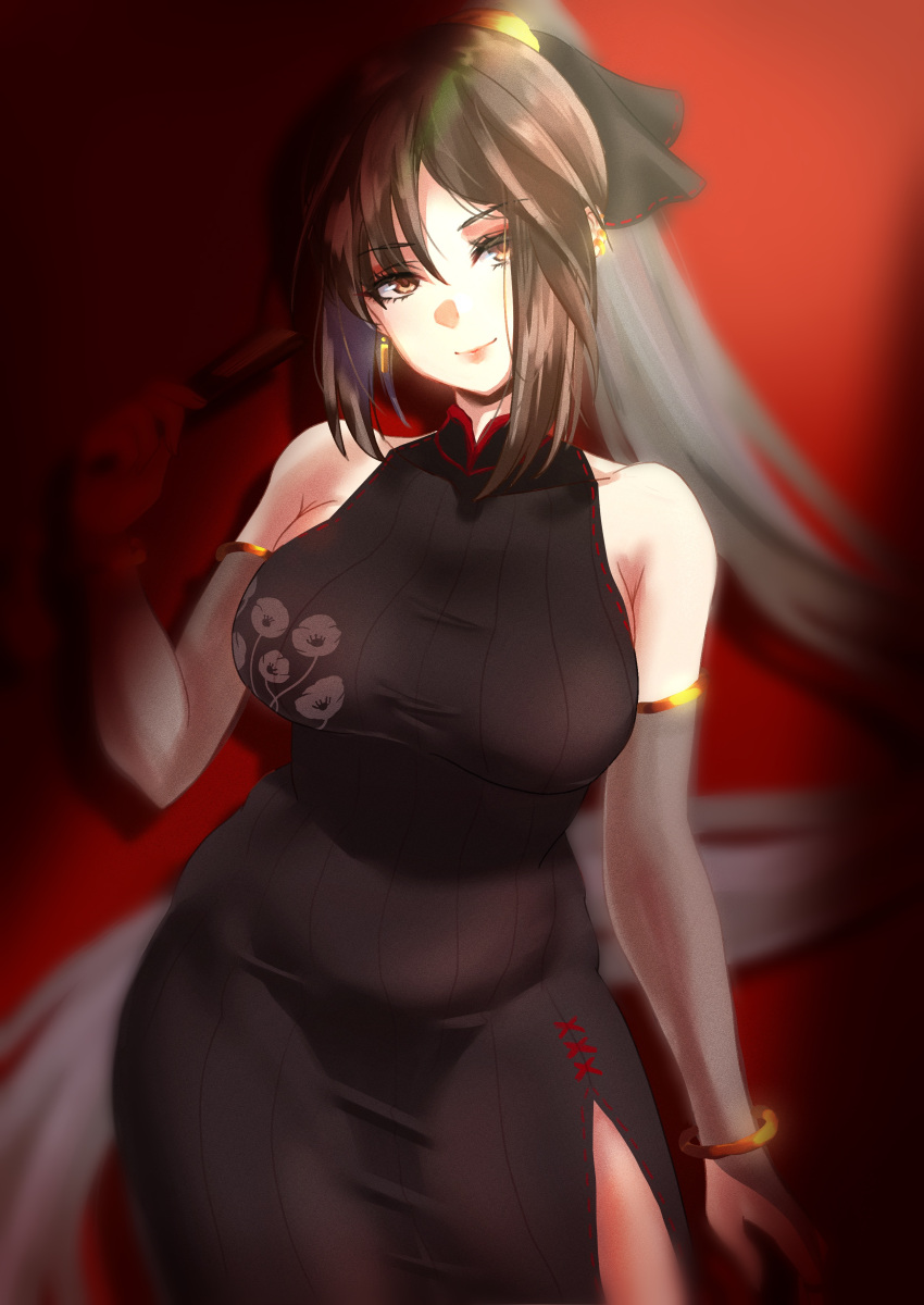 1girl absurdres alternate_costume bare_shoulders black_dress blush breasts brown_eyes brown_hair china_dress chinese_clothes dress earrings fate/grand_order fate_(series) highres jewelry large_breasts long_hair multiple_earrings ponytail shibao_aoyama very_long_hair yu_mei-ren_(fate)
