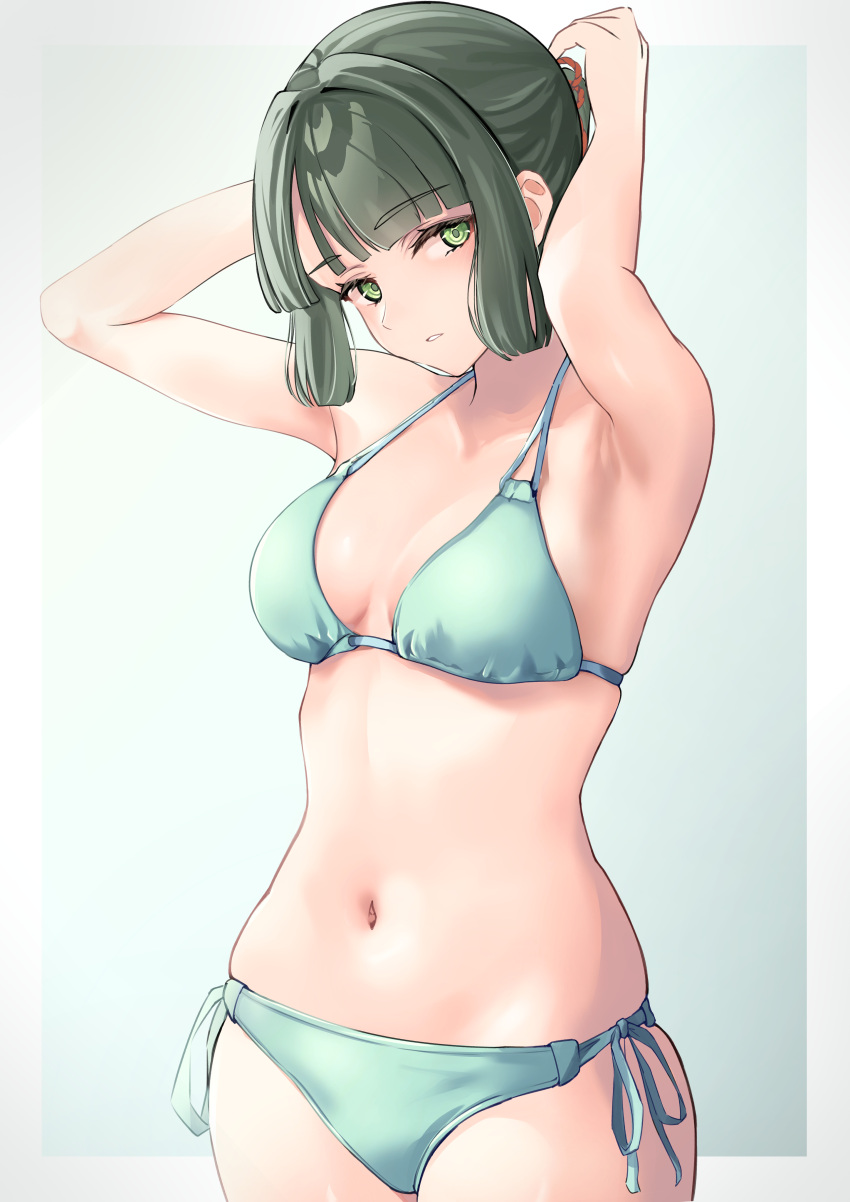 1girl absurdres armpits arms_up bikini blunt_bangs border breasts breasts_apart carskey cowboy_shot flower_knot gradient_background green_background green_bikini green_eyes green_hair hashtag-only_commentary highres link!_like!_love_live! looking_at_viewer love_live! medium_breasts momose_ginko navel outside_border parted_lips short_hair side-tie_bikini_bottom sidelocks solo stomach swimsuit tying_hair virtual_youtuber white_border