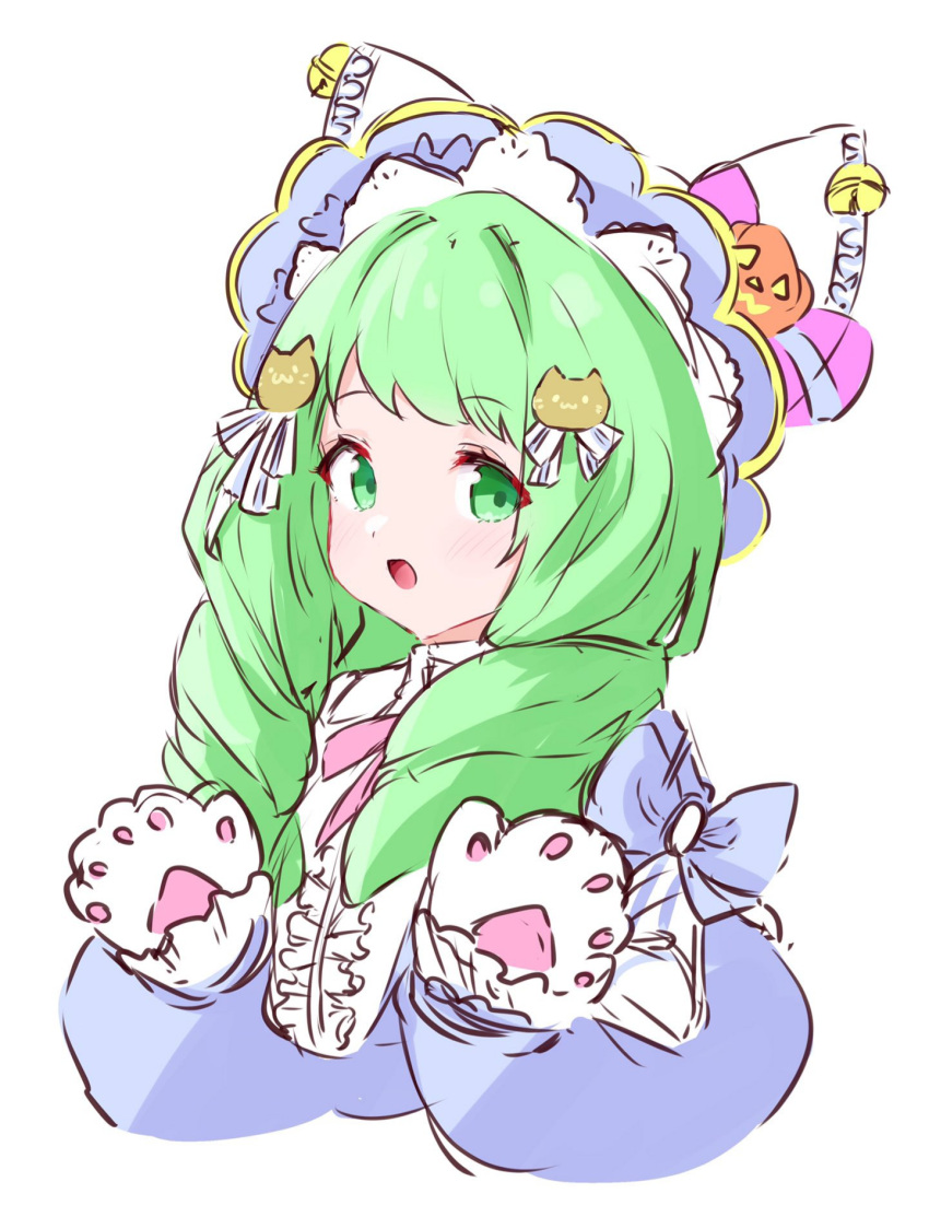 1girl animal_hands cat_paw cat_paws drill_hair fire_emblem fire_emblem:_three_houses fire_emblem_heroes flayn_(fire_emblem) flayn_(halloween)_(fire_emblem) gloves green_eyes green_hair halloween halloween_costume highres jack-o'-lantern_hat_ornament lillian8710 official_alternate_costume paw_gloves solo