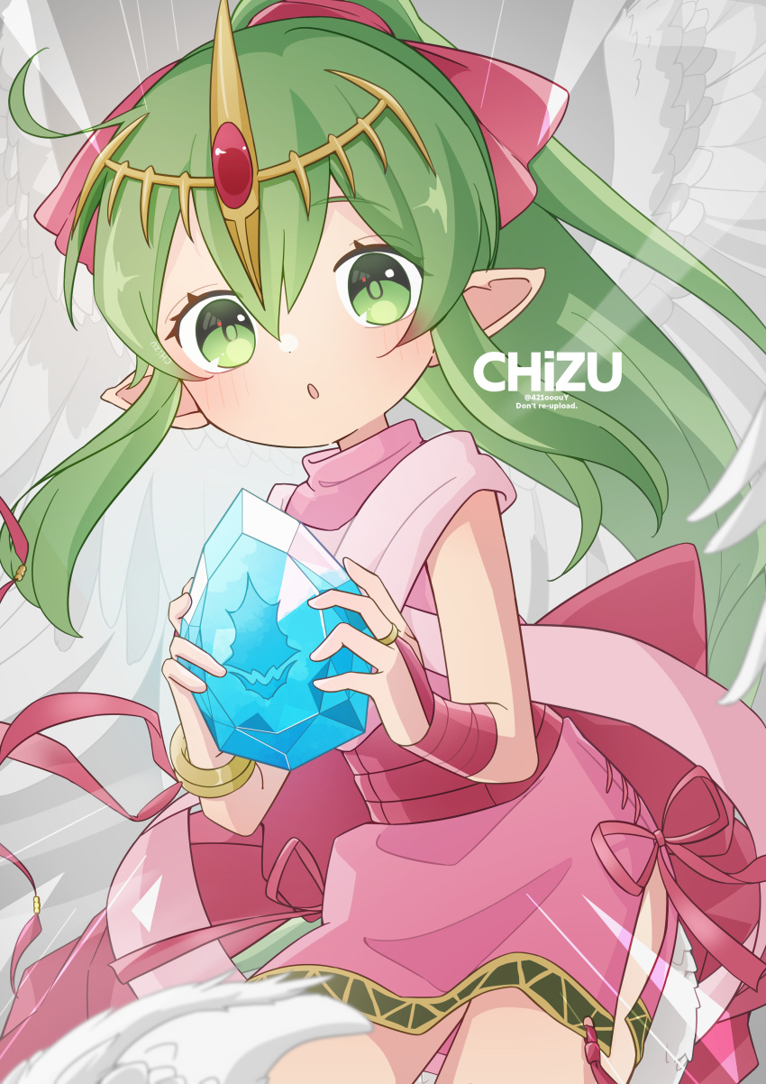 1girl 421ooouy :o absurdres artist_name dragonstone dress feathered_wings feathers fire_emblem fire_emblem:_mystery_of_the_emblem gem green_eyes green_hair hair_between_eyes hair_ribbon highres holding holding_gem long_hair looking_at_viewer open_mouth pink_dress pointy_ears ponytail ribbon sleeveless sleeveless_dress tiara tiki_(fire_emblem) tiki_(young)_(fire_emblem) wings