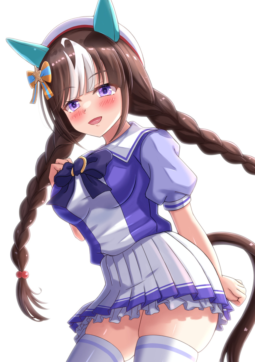 1girl absurdres animal_ears blush bow braid breasts brown_hair commentary_request cowboy_shot ear_bow ear_covers hair_between_eyes hat highres hokko_tarumae_(umamusume) horse_ears horse_girl horse_tail large_breasts long_hair looking_at_viewer multicolored_hair open_mouth pleated_skirt purple_bow purple_eyes purple_shirt rio_(lio_yuzu) school_uniform shirt simple_background skirt smile solo streaked_hair summer tail thighhighs tracen_school_uniform twin_braids umamusume very_long_hair white_background white_bow white_hair white_hat white_skirt white_thighhighs