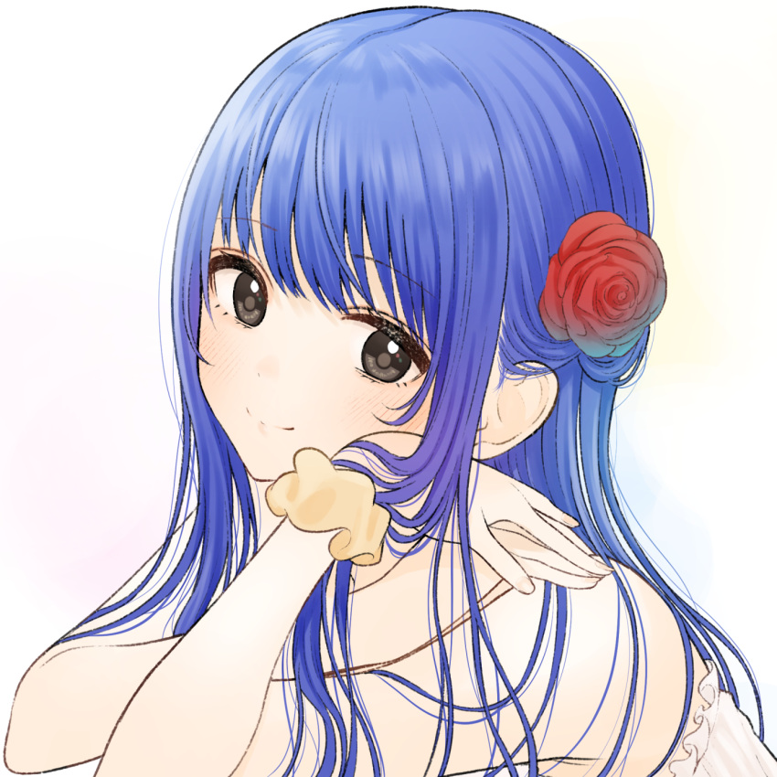 1girl a_sore_pon_desu! bare_arms bare_shoulders blue_hair brown_scrunchie closed_mouth dress flower hair_flower hair_ornament hands_up highres kentaurosu long_hair looking_at_viewer own_hands_together red_flower scrunchie simple_background smile solo strapless strapless_dress toukura_shiori upper_body white_background white_dress wrist_scrunchie