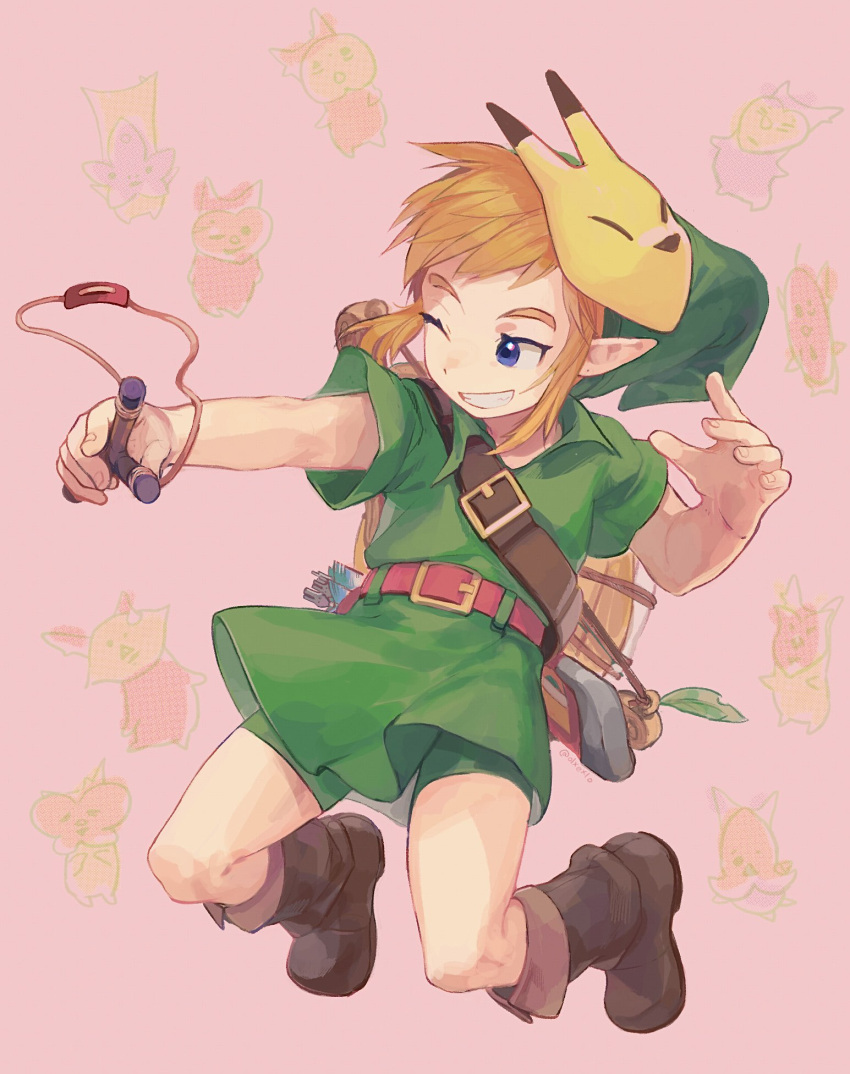 belt blonde_hair boots clothing elf footwear hair hi_res humanoid humanoid_pointy_ears hylian korok light_body light_skin majora's_mask male mask nintendo not_furry olxexlo one_eye_closed ranged_weapon shirt simple_background slingshot smile solo the_legend_of_zelda topwear tunic weapon wink young_link