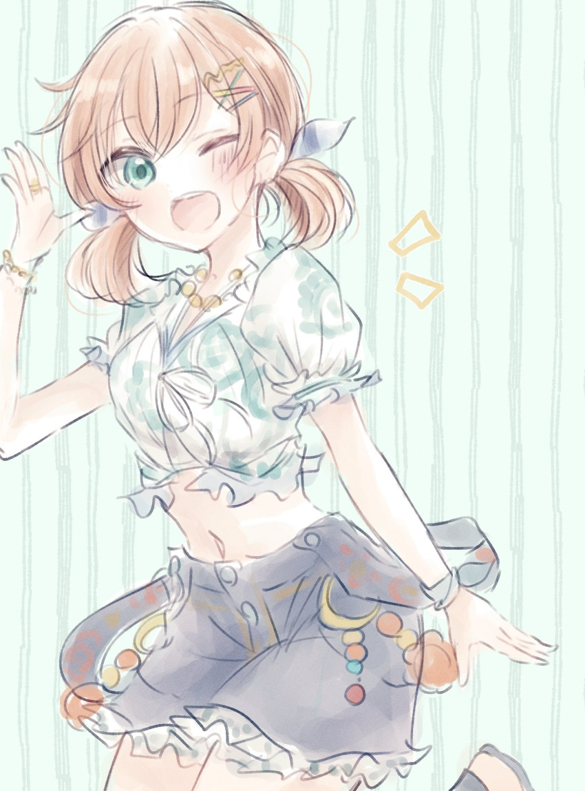 1girl ;d baran._(ba_ra_ran) blue_pants blush commentary cowboy_shot green_background green_eyes hair_ornament hairclip highres hinoshita_kaho lace-trimmed_shorts lace_trim link!_like!_love_live! looking_at_viewer love_live! low_twintails medium_hair midriff natsumeki_pain_(love_live!) navel notice_lines one_eye_closed open_hand open_mouth orange_hair pale_color pants puffy_short_sleeves puffy_sleeves shirt short_sleeves smile solo striped_background swimsuit teeth twintails upper_teeth_only virtual_youtuber white_shirt x_hair_ornament