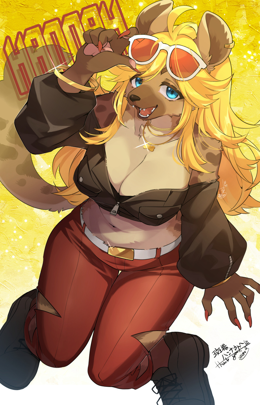 absurd_res ahoge anthro artist_name bare_shoulders belt big_breasts blonde_hair blue_eyes boots bottomwear bracelet breasts brown_body brown_clothing brown_footwear brown_fur brown_jacket brown_topwear buchiage_hannah character_name cleavage clothed clothing colored_nails cropped_jacket ear_piercing ear_ring eyewear eyewear_on_head fangs female footwear fur glasses glint hair hand_on_sunglasses hi_res high-angle_view hyena jacket jewelry lemoco long_hair long_sleeves looking_at_viewer mammal midriff nails necklace off-shoulder_top open_mouth pants piercing red_bottomwear red_clothing red_nails red_pants ring_piercing sharp_teeth signature simple_background sitting smile solo sunglasses sunglasses_on_head tail teeth tinted_glasses tongue topwear torn_bottomwear torn_clothing torn_pants vtuber yellow_background zipper