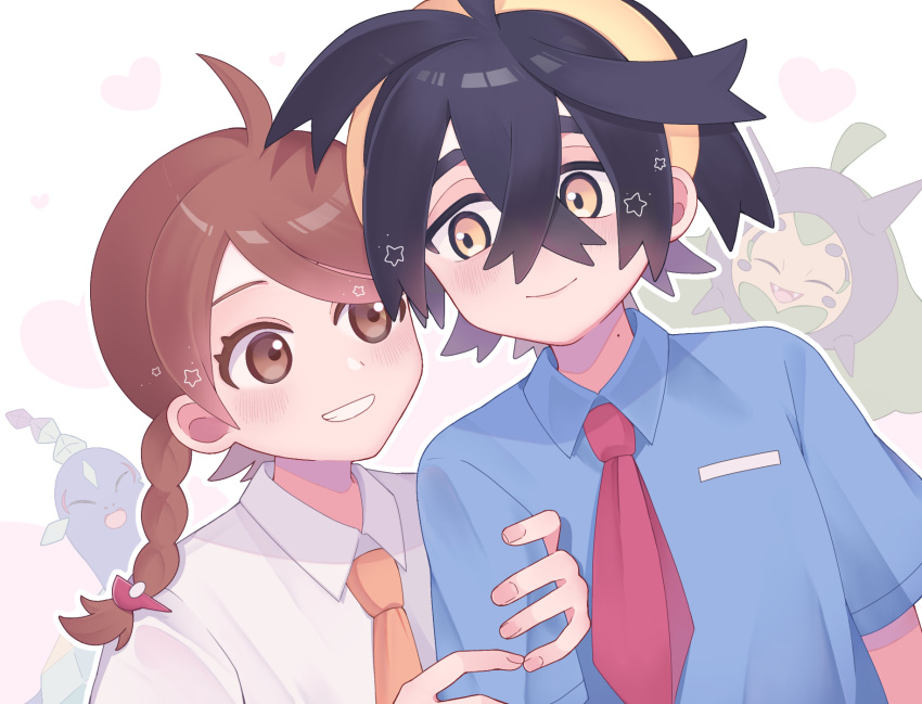 1boy 1girl ahoge black_hair blue_shirt blush braid brown_eyes brown_hair closed_mouth collared_shirt commentary_request crossed_bangs eyelashes grin hair_between_eyes hairband happy highres ixyou juliana_(pokemon) kieran_(pokemon) necktie ogerpon orange_necktie pokemon pokemon_(creature) pokemon_sv red_necktie shirt short_hair smile star_(symbol) teeth terapagos upper_body yellow_eyes yellow_hairband