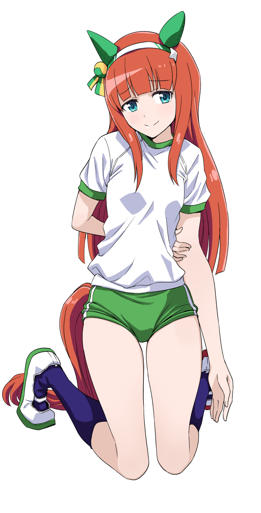 1girl absurdres animal_ears blue_eyes blunt_bangs ear_covers green_shorts hairband highres horse_ears horse_girl horse_tail long_hair looking_at_viewer orange_hair ponzu_rui shirt shorts silence_suzuka_(umamusume) simple_background smile solo tail umamusume white_background white_hairband white_shirt