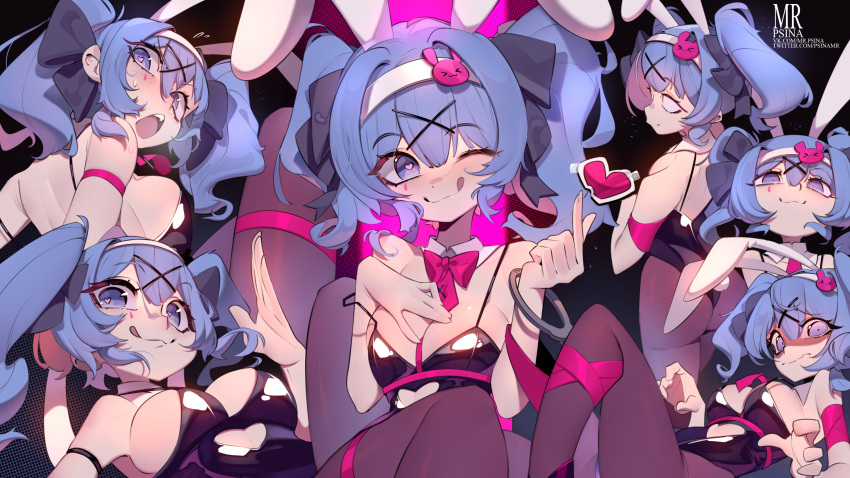 1girl :q absurdres animal_ears blue_eyes blue_hair breasts detached_collar hairband hatsune_miku heart heart-shaped_pupils highres large_breasts mr.psina multiple_views necktie one_eye_closed open_mouth playboy_bunny rabbit_ears rabbit_hole_(vocaloid) smile symbol-shaped_pupils tongue tongue_out twintails white_hairband