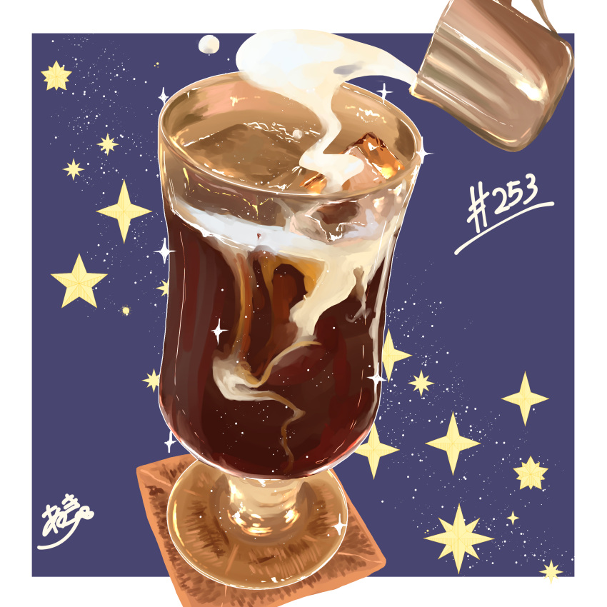 absurdres coffee cup drinking_glass food food_focus highres milk no_humans original pouring star_(symbol) starry_background takisou_sou