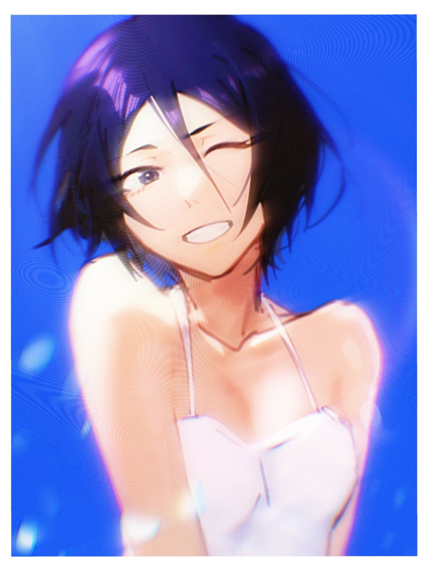 1girl black_hair bleach breasts dress hair_between_eyes highres ihsekodwww kuchiki_rukia one_eye_closed purple_eyes short_hair simple_background small_breasts smile solo white_dress