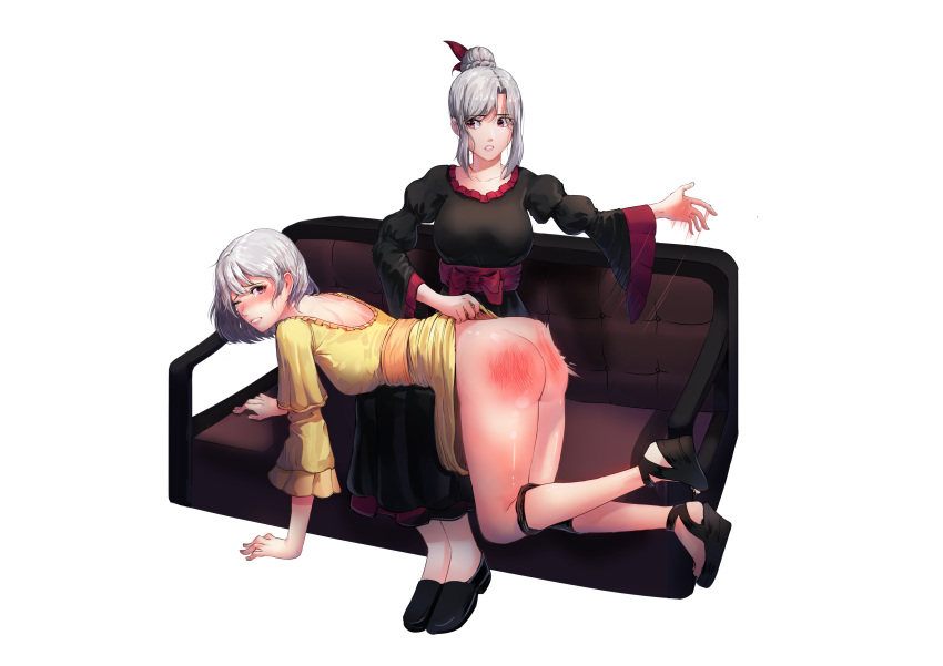 2girls absurdres ass assisted_exposure black_panties blush breasts clothes_lift commission couch dress dress_lift grey_hair hair_bun highres loafers medium_hair motion_lines multiple_girls nose_blush over_the_knee panties panty_pull pixiv_commission ridu2 sandals shoes single_hair_bun spanked spanking tearing_up thighs underwear white_background