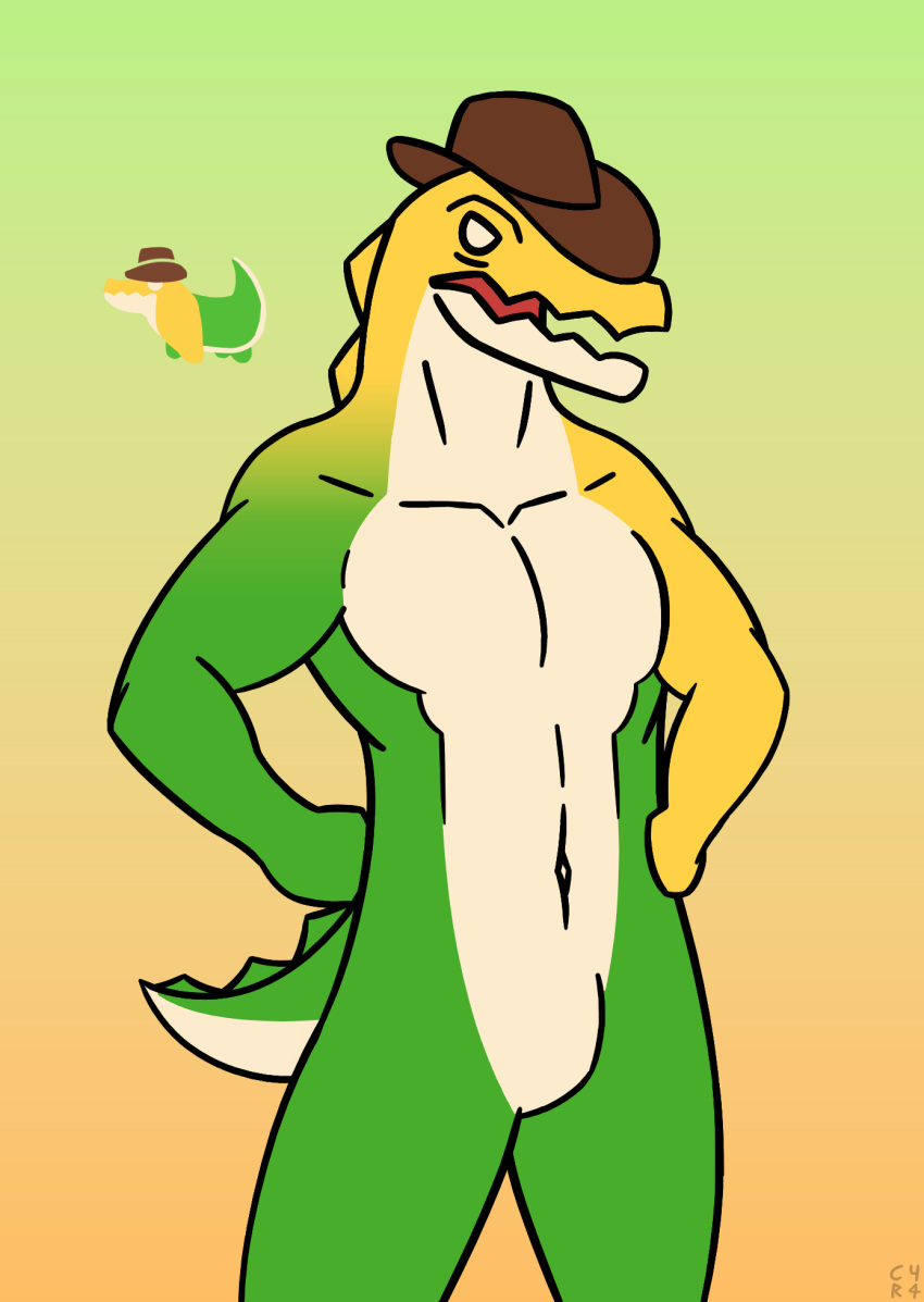 alligatorid anthro australian c4r4 candy clothing crocodile crocodilian crocodylid dessert food food_creature glitch_productions gradient_background gummigoo_(tadc) gummy_(food) gummy_creature hands_on_hips hat headgear headwear hi_res living_candy lizard male muscular muscular_male open_mouth reptile scalie simple_background solo tail the_amazing_digital_circus