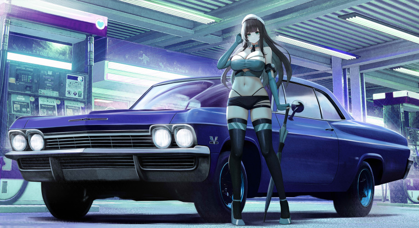 1girl absurdres bandeau bare_shoulders black_hair black_shorts black_thighhighs blue_footwear blue_gloves breasts car cleavage closed_mouth clothing_cutout commission crop_top detached_collar elbow_gloves fingerless_gloves full_body gloves green_eyes hand_up hat high_heels highleg highres kcar66t large_breasts long_hair looking_at_viewer micro_shorts midriff motor_vehicle navel necktie original panty_straps pixiv_commission race_queen short_necktie shorts skindentation solo sports_car standing stomach strapless taut_bandeau thighhighs thighs torn_clothes torn_shorts tube_top umbrella underboob_cutout vehicle_request white_hat