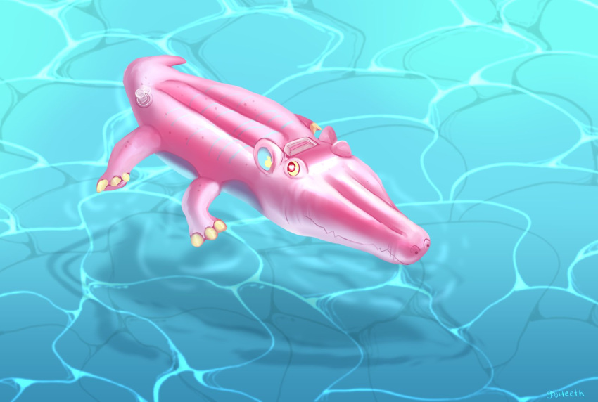 2020 ambiguous_gender animate_inanimate buttercup_(gojiteeth) claws crocodile crocodilian crocodylid detailed_background digital_media_(artwork) digital_painting_(artwork) feral floating full-length_portrait glistening glistening_body gojiteeth handle heart_pupils hybrid inflatable living_inflatable living_pool_toy mammal nozzle partially_submerged pink_body pink_claws portrait pupils red_eyes reptile scalie shaded snout solo tail trans_(lore) trans_man_(lore) water white_pupils yellow_sclera