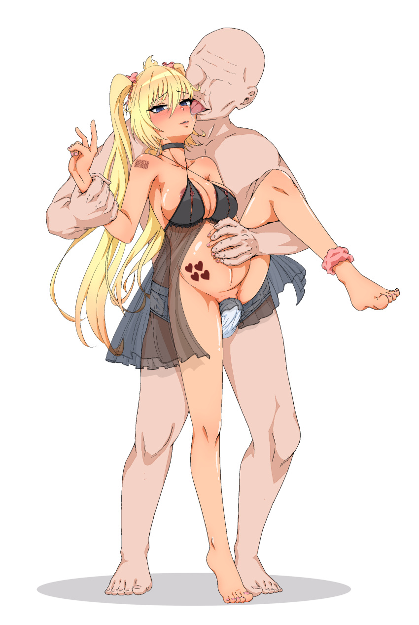 1boy 1girl absurdres arm_grab arunemu babydoll barcode barcode_tattoo beltran_(kamikatsu) black_babydoll blonde_hair blue_eyes breasts bulge crying crying_with_eyes_open dark-skinned_female dark_skin english_commentary faceless faceless_male hand_on_own_stomach highres kaminaki_sekai_no_kamisama_katsudou large_breasts leg_up licking_tears looking_at_viewer male_underwear nipples nursing_clothes pregnancy_mark pregnant prostitution shoulder_tattoo simple_background tattoo tears twintails underwear v white_background