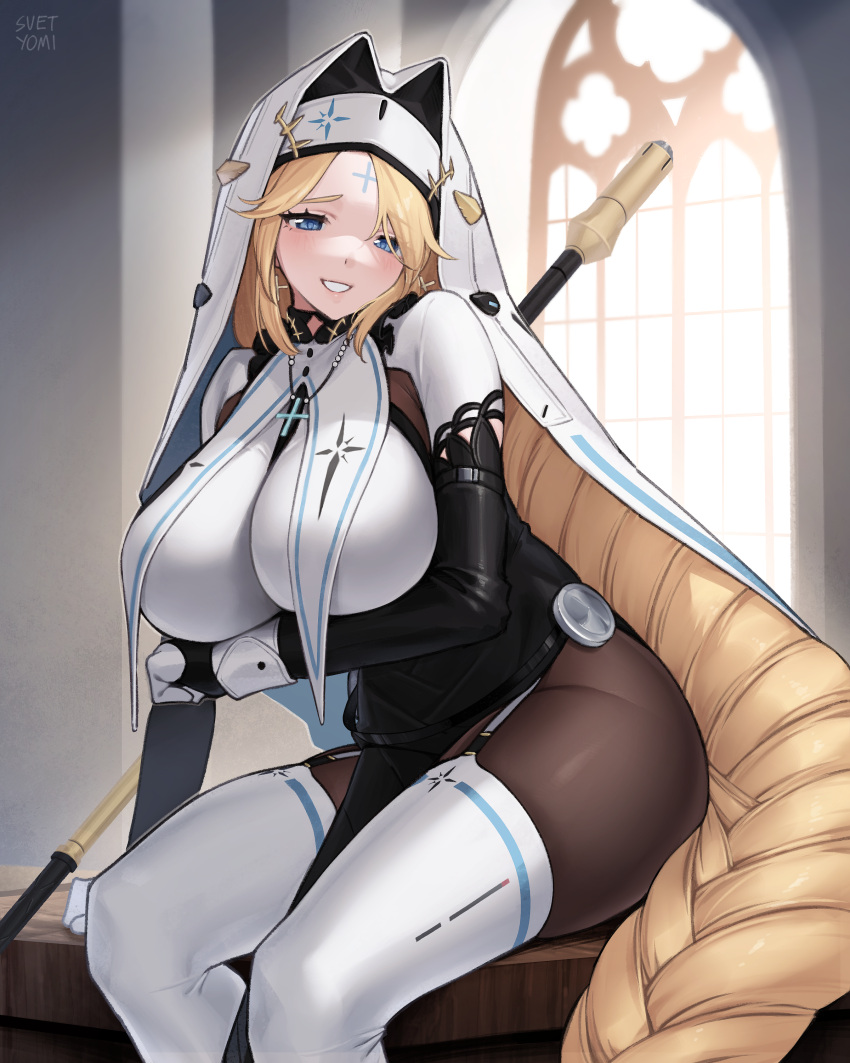 1girl absurdres armored_bodysuit blonde_hair blue_eyes blush bodysuit braid breast_curtains breasts bridal_gauntlets cathedral cross cross_earrings cross_necklace earrings facial_mark forehead_mark furrowed_brow garter_straps gloves goddess_of_victory:_nikke habit highres huge_breasts jewelry long_hair looking_at_viewer necklace pantyhose rapunzel_(nikke) seductive_smile side_slit signature single_braid smile staff star_(symbol) svet_yomi thick_thighs thighhighs thighs veil very_long_hair weapon