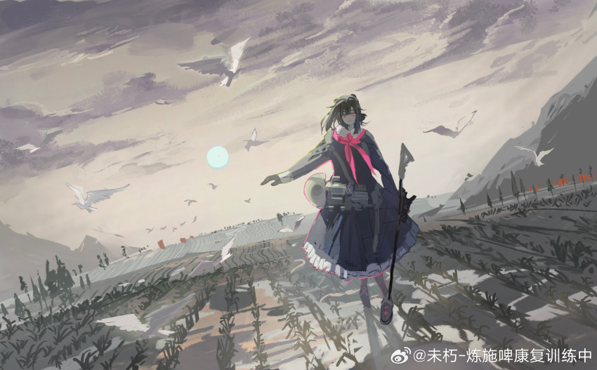 1girl absinthe_(arknights) absinthe_(noon_twilight)_(arknights) absurdres animal_ears arknights bag bear_ears bear_girl bird black_dress brown_hair cloud dress gloves grey_sky highres long_hair long_sleeves looking_at_viewer neckerchief official_alternate_costume outdoors pantyhose red_eyes red_neckerchief short_hair simple_background skirt sky solo weapon wixcuwi