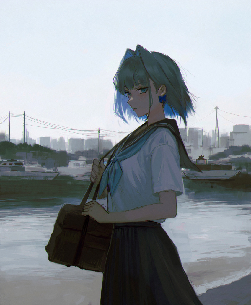 1girl absurdres bag black_sailor_collar black_skirt blue_eyes blue_hair blue_neckerchief breasts commentary_request earrings from_side hair_intakes highres hololive hololive_english jewelry large_breasts long_skirt looking_at_viewer neckerchief ouro_kronii outdoors sailor_collar school_bag school_uniform serafuku shirt short_hair skirt solo tomatoketchup96 virtual_youtuber white_shirt