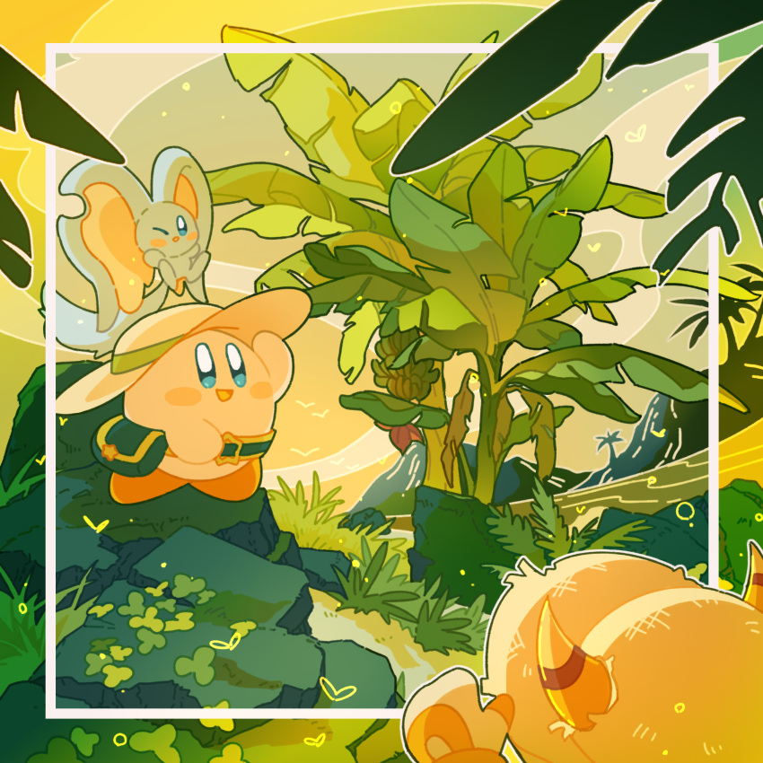 :d absurdres bag banana_tree blue_bag blue_eyes blush blush_stickers brown_hat bug bush day elfilin flock glef_life grass green_sky hand_up hat highres horns horns_through_headwear kirby kirby_(series) moss mountain no_humans notched_ear one_eye_closed open_mouth outdoors palm_tree plant rock silhouette sky smile standing star_(symbol) straw_hat sun_hat taranza tree water yellow_horns