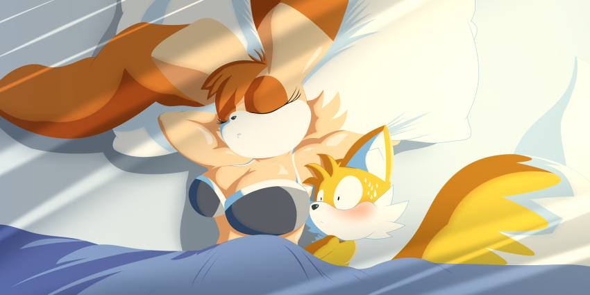 age_difference anonymous_artist anthro bed big_breasts breasts canid canine duo female fox furniture hi_res lagomorph leporid male mammal miles_prower on_bed rabbit size_difference sleeping sonic_the_hedgehog_(series) under_covers vanilla_the_rabbit