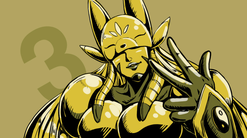 1girl armor covered_eyes digimon digimon_(creature) digimon_tamers english_commentary fox_mask gold_armor limited_palette mask numbered parted_lips sakuyamon solo taqrider upper_body w yellow_theme