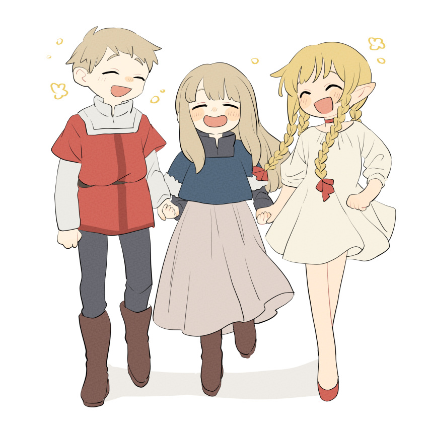 1boy 2girls :d ^_^ aged_down black_pants blonde_hair blue_cloak blunt_bangs blush_stickers boots boy_and_girl_sandwich braid brother_and_sister brown_footwear choker cloak closed_eyes dress dungeon_meshi falin_touden fur-trimmed_sleeves fur_trim grey_dress hair_ribbon happy hashtag-only_commentary highres holding_hands laios_touden light_blush light_brown_hair long_hair marcille_donato multiple_girls nakkasu nightgown pants red_choker red_ribbon red_shirt ribbon sandwiched shirt short_hair siblings smile white_background white_nightgown white_shirt
