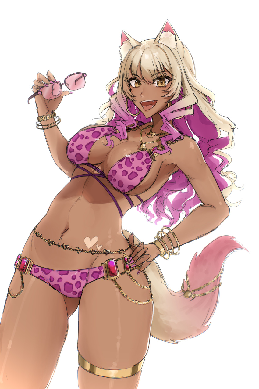 13addendum 1girl absurdres animal_ears bare_shoulders bikini blonde_hair bracelet breasts cleavage collarbone fate/grand_order fate_(series) fox_ears fox_girl fox_tail highres jewelry large_breasts long_hair looking_at_viewer navel open_mouth pink_hair smile solo sunglasses suzuka_gozen_(fate) suzuka_gozen_(swimsuit_rider)_(fate) suzuka_gozen_(swimsuit_rider)_(second_ascension)_(fate) swimsuit tail tan thighs