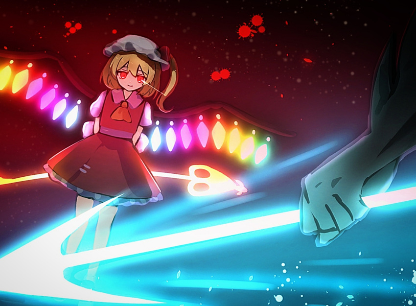 1girl 1other arms_behind_back ascot blonde_hair blood closed_mouth commentary_request crystal_wings flandre_scarlet frilled_skirt frills glowing glowing_eyes glowing_wings hat highres holding holding_weapon laevatein_(touhou) light_particles looking_at_viewer magic medium_hair mob_cap nene_man one_side_up out_of_frame red_eyes red_skirt red_vest shirt short_sleeves skirt smile standing touhou undertale undyne vest weapon white_hat white_shirt wings yellow_ascot