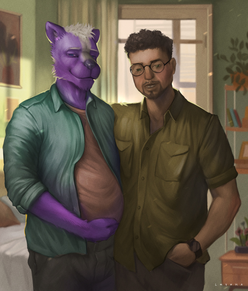 absurd_res anthro badger beard bed black_hair blue_eyes bottomwear clothing curtains denim denim_bottomwear denim_clothing digital_media_(artwork) duo eyewear facial_hair fur furniture glasses green_eyes hair hi_res human inside intersex intersex/male jeans levsha love male mammal mustelid musteline pants picture_frame pregnant purple_body purple_fur romantic romantic_couple shelf shirt t-shirt topwear white_body white_fur white_hair window